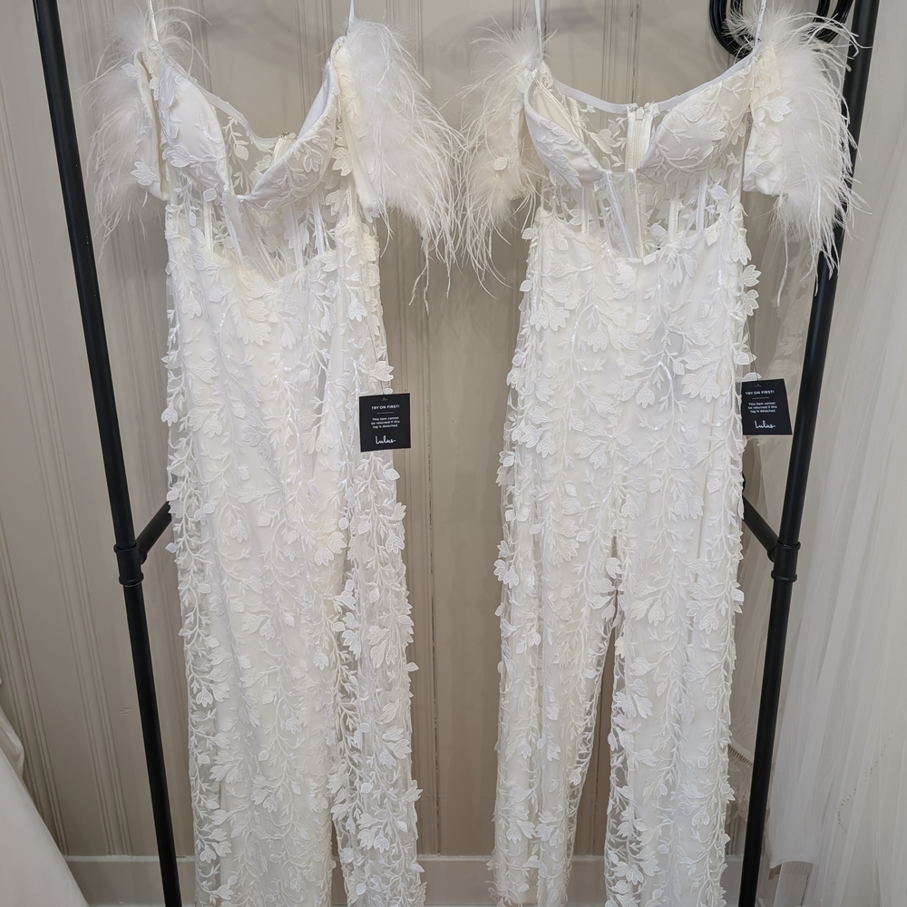 Lulus White Feathered Off The Shoulder Jumpsuits